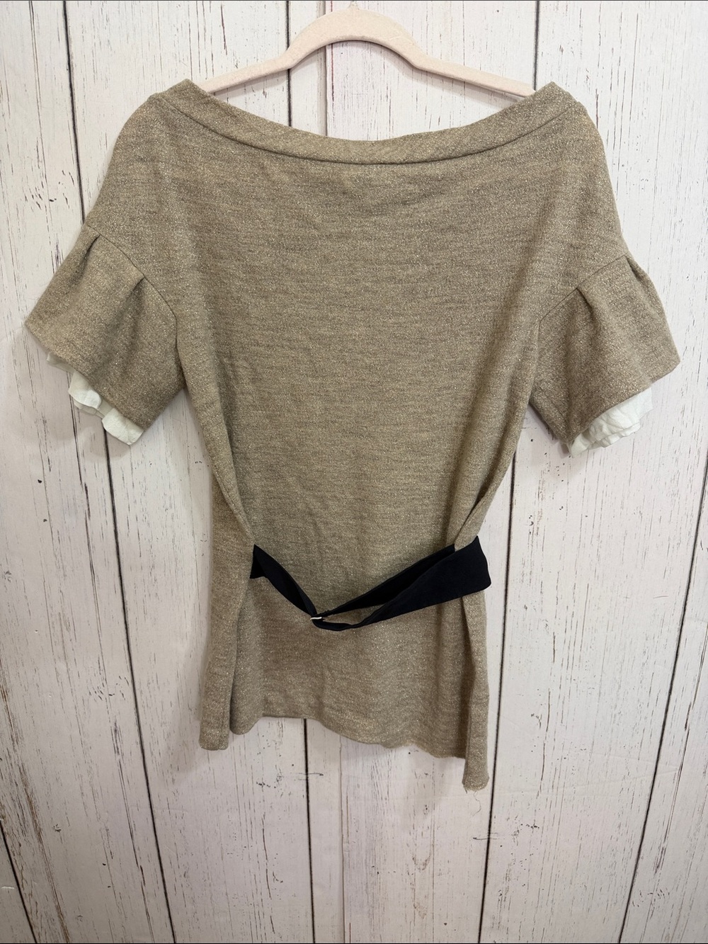 3.1 Phillip Lim Wool Blend Metallic Gold Short Sleeve Knit Top with Black Tie